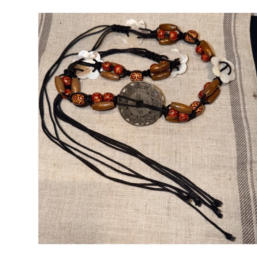 Boho Macrame Cord Belt Wood Beads Mother of Pearl Shell Chinese Zodiac Medallion